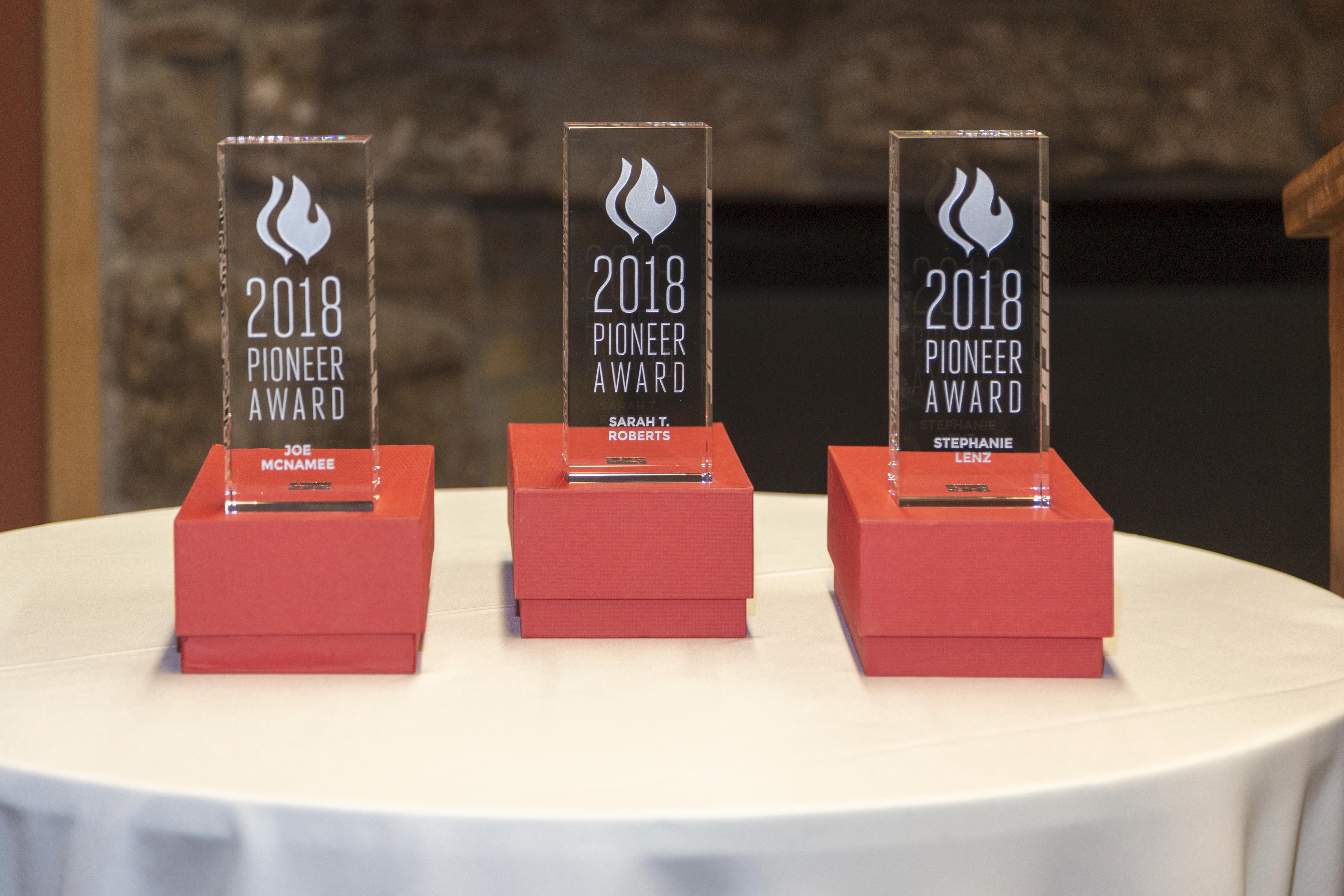 The 2018 Awards revealed! Three 9" by 3" by 2" rectangular awards in clear acrylic. Front engraved with "2018 Pioneer Award" and "Joe McNamee", "Sarah T. Roberts" and "Stephanie Lenz", respectively.