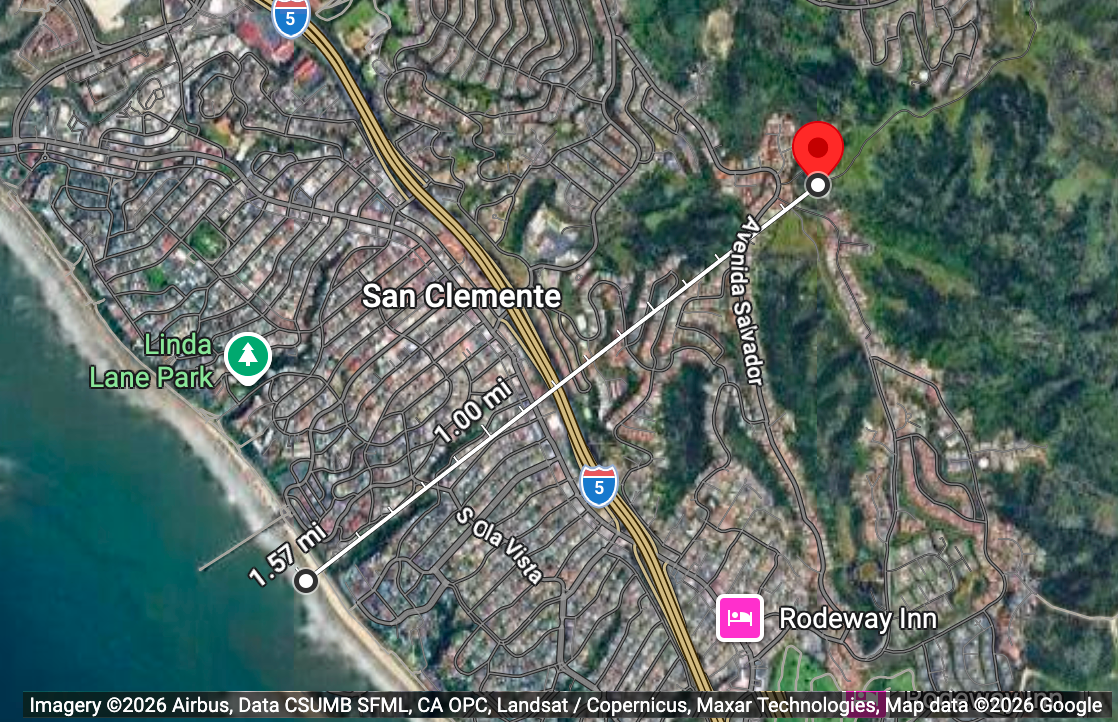 Mapa de San Clemente mostrando 1,5 millas entre la torre y la costa